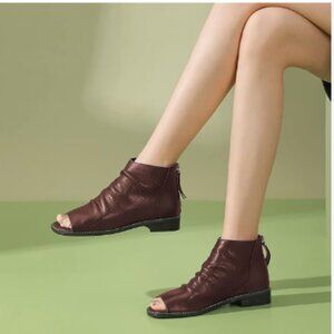 FSJ Saddlebrown Women's Open Toe Slouchy Low Block Heel Ankle Boots